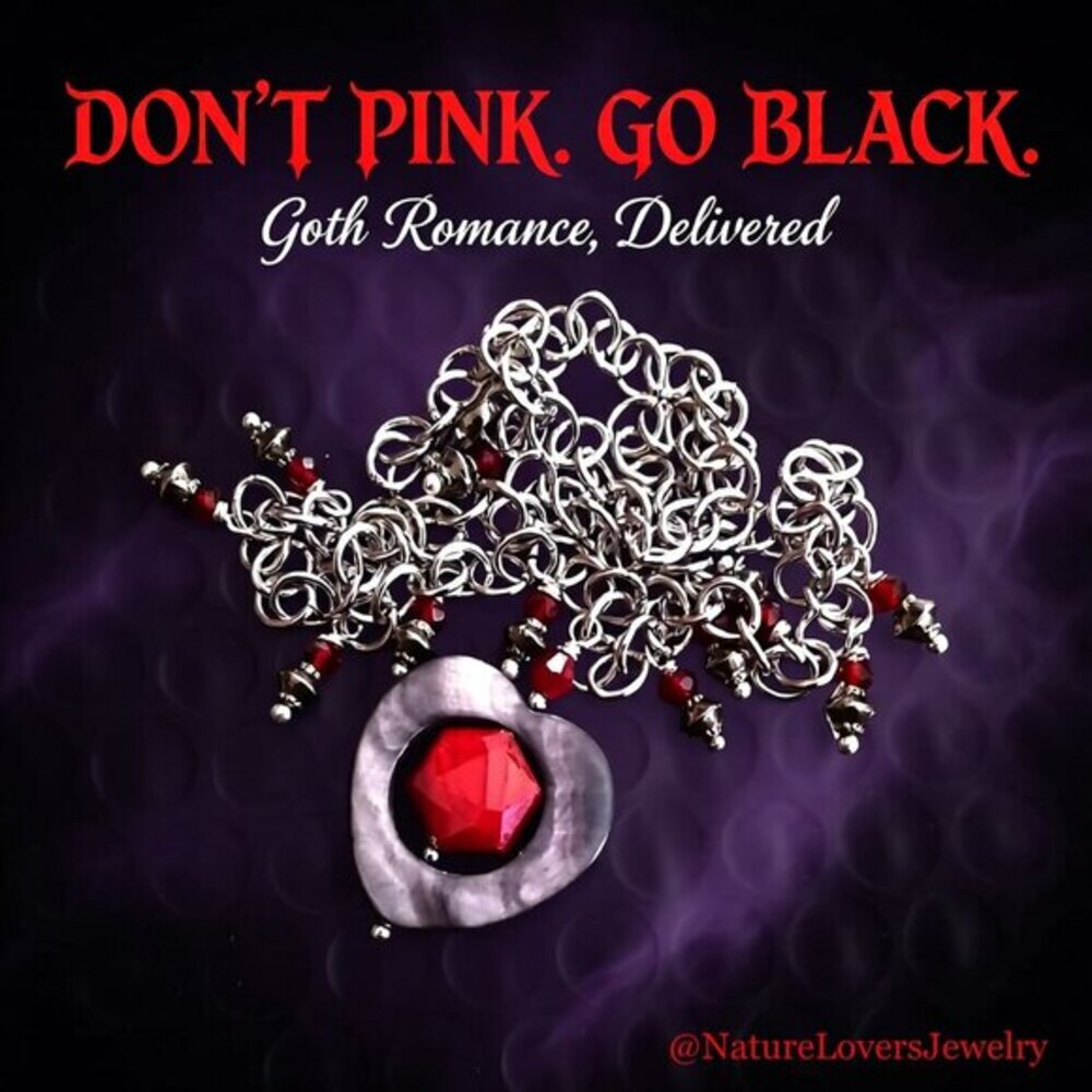 Gray Shell Heart & Red Crystals! Sexy Goth Mistress Witchy Statement Necklace